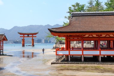 Itsukushima Shinto Tapınağı 'nda gelgite başlayın. Sığ sulardaki kutsal kırmızı torii. Miyajima Adası, Japonya