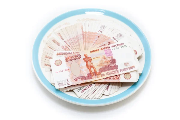 Cash Russian Rubbles Laying Plate Blue Edge White Background — Stock Photo, Image