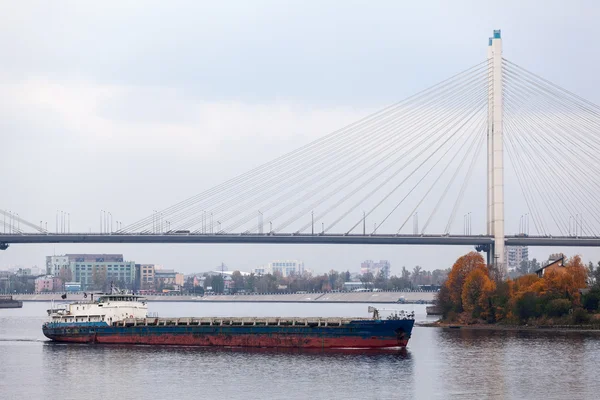 Sonbahar sezonunda Neva nehrinde deniz feneriyle St. Petersburg, Rusya