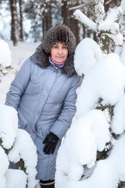 Λευκή Γυναίκα Πορτρέτο Στέκεται Κοντά Πεύκα Χιονισμένα Κλαδιά — Φωτογραφία Αρχείου