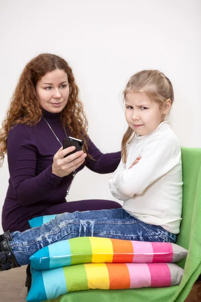 Caucasian Child Displeasure Giving Smartphone Mother — Stock Photo, Image