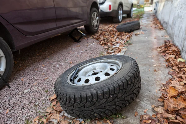 Set Winter Wheels Tyres Replacing Car — Stock Photo, Image