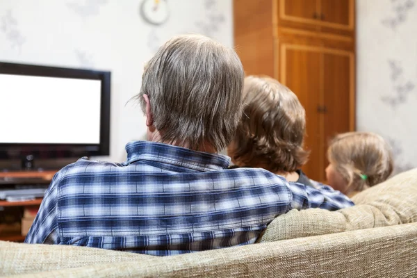 Caucasian Family Three People Sitting Sofa Watching Set Rear View — Stock Photo, Image