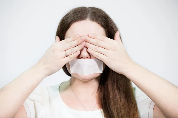 Caucasian Woman Covering Her Eyes Hands While Mouth Sealed Tape — Stock Photo, Image