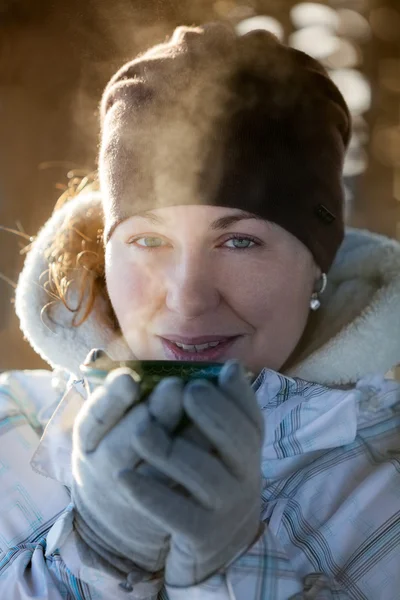 Woman Warms Frozen Hands Wearing Gloves Close Facial Portrait — 스톡 사진