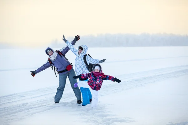 Kaukasisk Familj Från Tre Kvinnor Står Med Händerna Frusen Sjö — Stockfoto