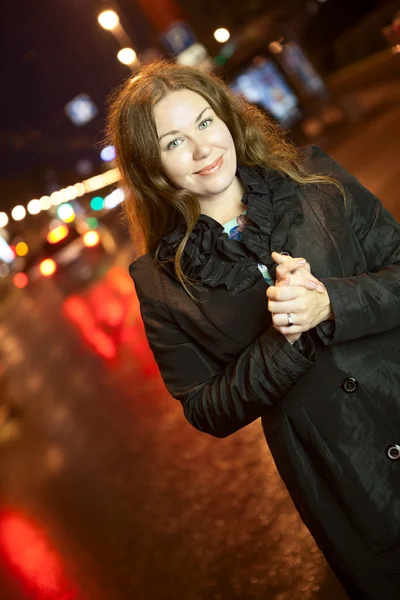 Smiling Caucasian Woman Portrait Wearing Black Coat Standing Night City — Stock Photo, Image