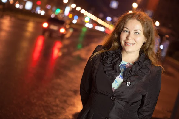 Joyful Woman Night City Street Wearing Black Coat Copyspace Portrait — Stock Photo, Image