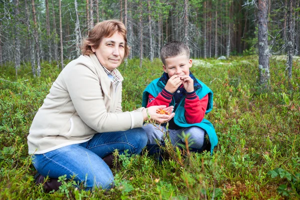 Mãe Filho Comendo Frutos Silvestres Reunidos Uma Floresta Pântano — Fotografia de Stock