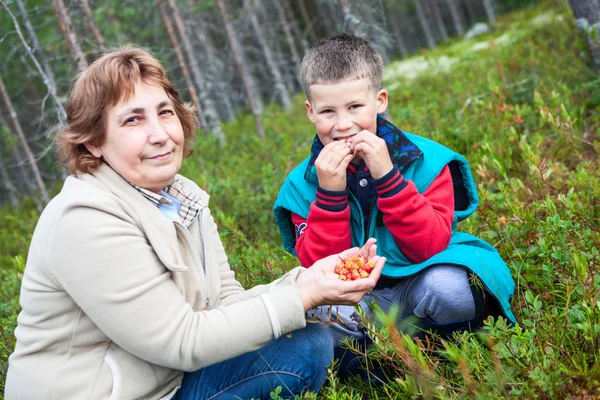 Volwassen Moeder Met Verse Bosbessen Handen Terwijl Jongen Eten Het — Stockfoto