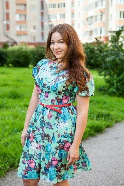 Happy Smiling Woman Dress Walking Outdoor — Stock Photo, Image