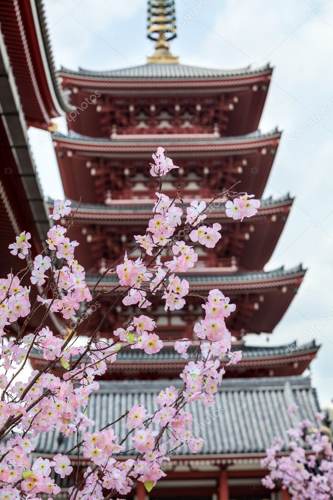 Artificial sakura branch with pink blooming flowers on ancient five stories pagoda