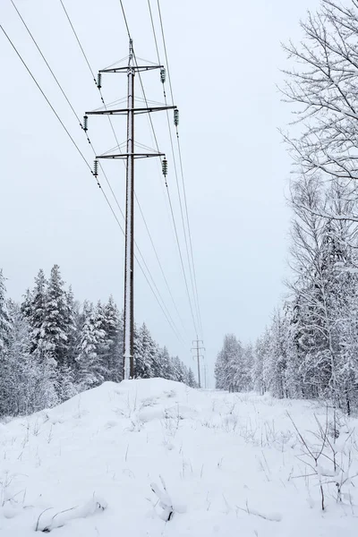 高压电线路在雪地的冬季森林里 — 图库照片