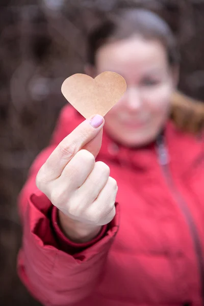 Attractive Caucasian Woman Wearing Warm Red Jacket Outstretched Hand Wit — Stock Photo, Image