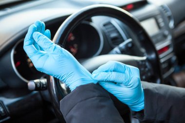 Şoför direksiyona dokunmadan önce mavi koruyucu eldivenlerini alıyor. Covid-19 virüsüne karşı koruma