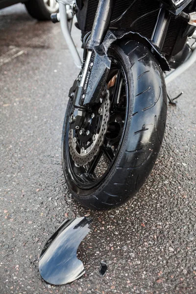 Broken Piece Black Plastic Fender Motorcycle Lying Asphalt Road Two — Stock Photo, Image