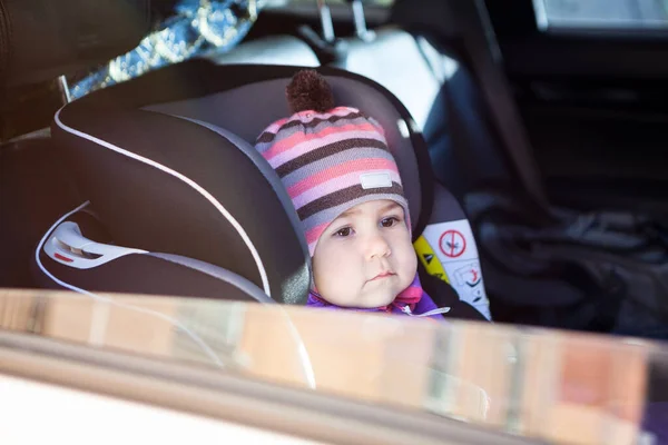 Thinking Caucasian Toddler Boy Sitting Child Safety Seat Car Road — Stock Photo, Image