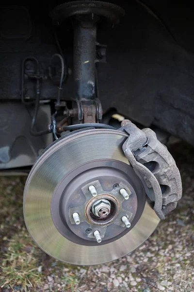 Old Steel Ventilated Brake Disk Fixed Calliper Brake Pads Ready — Stock Photo, Image