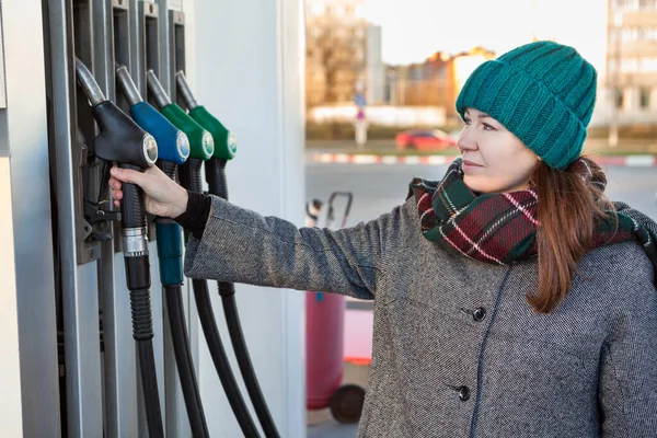 Caucasian Woman Driver Warm Clothing Taking Diesel Nozzle Hand Stand — Stock Photo, Image