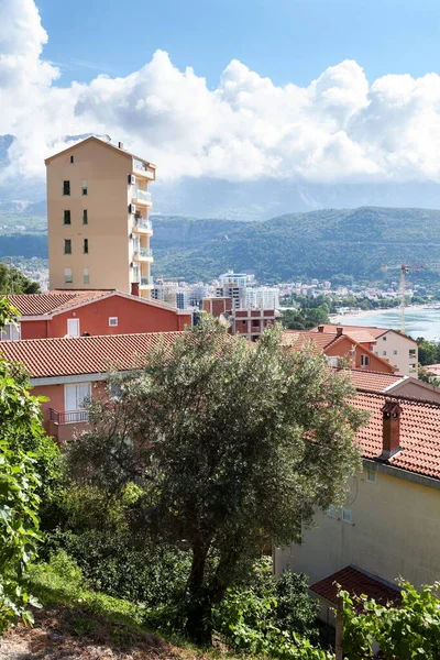 Narrow streets and inadequate infrastructure due overwhelming demand on real estate. The Budva city eastern part with slopes of the hills surrounding it. Balkans, Montenegro, Europe