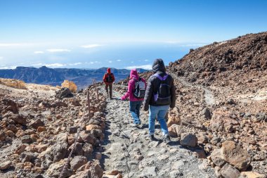 Dağlarda yürüyüş yapan bir grup yürüyüşçü, Teide yanardağına giden taş yürüyüş rotası. Tenerife Adası, Kanarya, İspanya, Avrupa