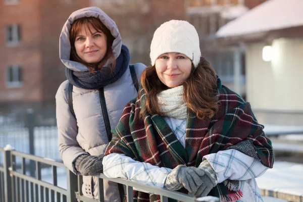 Happy Positive Two Stylish Girls Standing Street City Close Portrait Stock Image