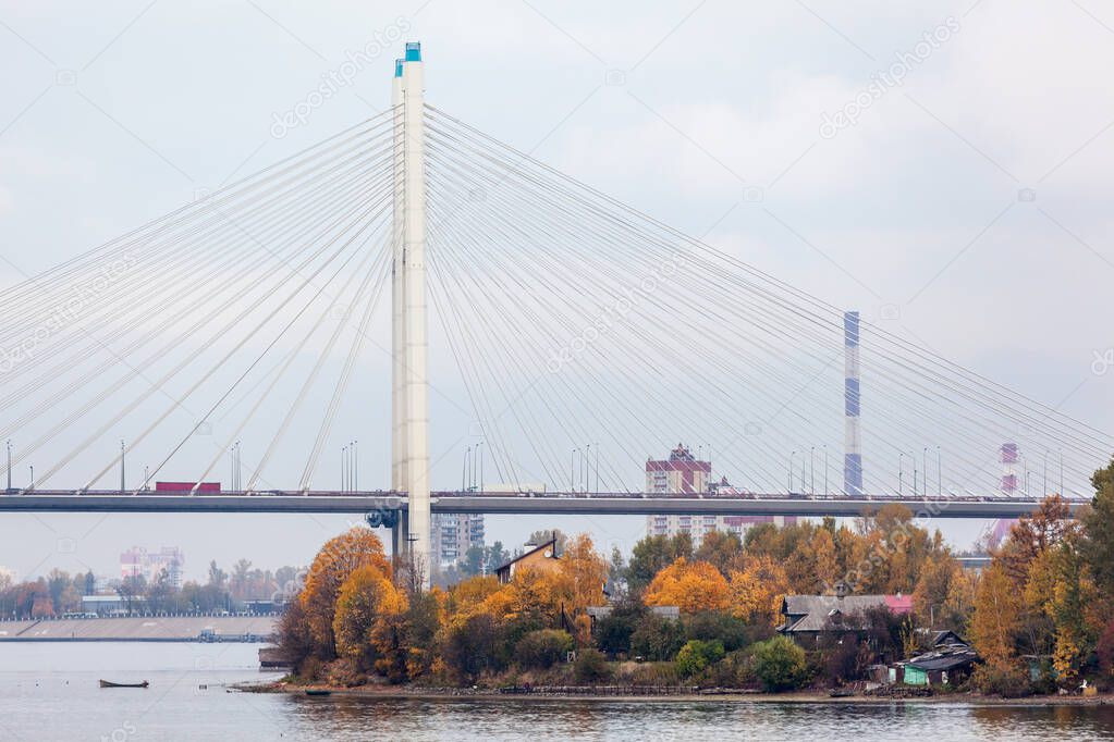 The Bolshoy Obukhovsky Bridge across the Neva River in Saint Petersburg, Russia at autumn season