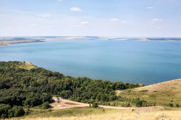 Největší Aslikul Jezero Kras Propadlina Pobřeží Kopci Panorama Republic Bashkortostan Stock Snímky