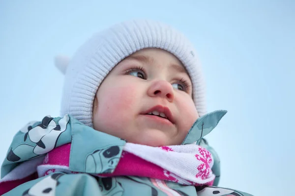 Close Low Angle Portrait Little Child Wearing Warm Hat Scarf — Stock Photo, Image