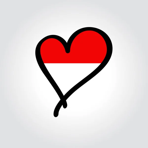 Logo disegnato a mano a forma di cuore con bandiera indonesiana. Illustrazione vettoriale. — Vettoriale Stock