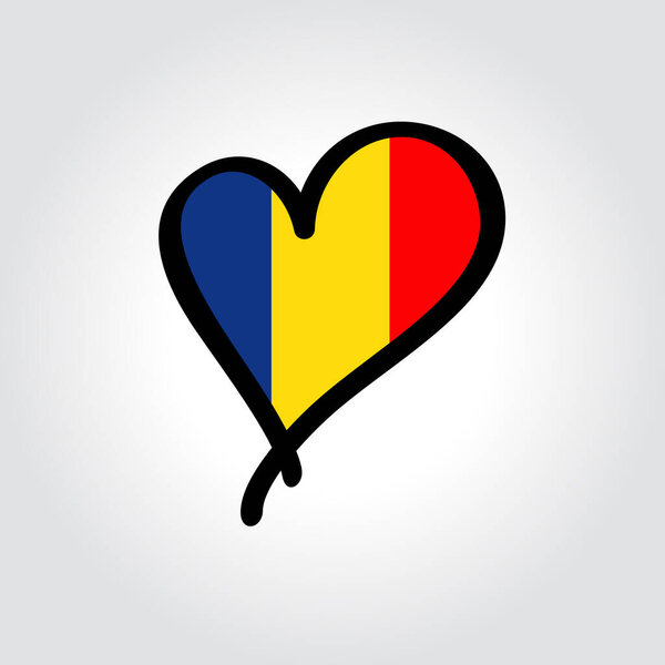 Romanian flag heart-shaped hand drawn logo. Vector illustration.