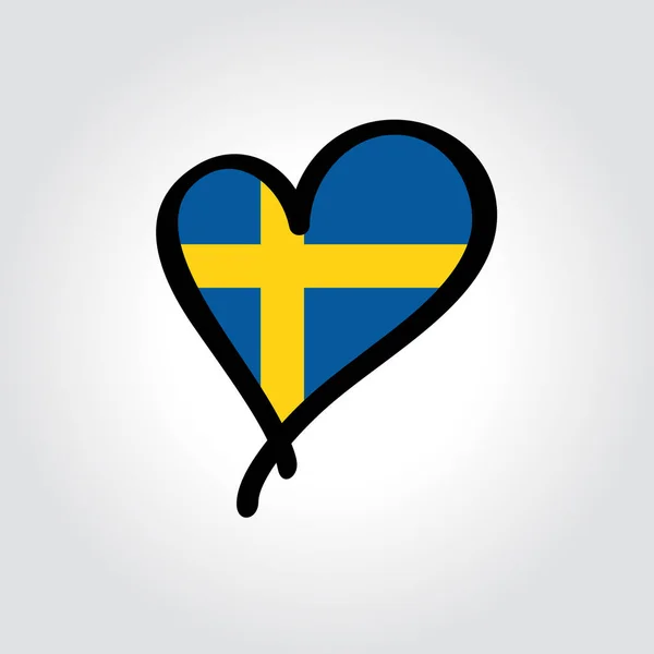 Bandiera svedese logo a forma di cuore disegnato a mano. Illustrazione vettoriale. — Vettoriale Stock