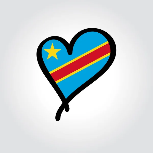 Logo disegnato a mano con bandiera congolese a forma di cuore. Illustrazione vettoriale. — Vettoriale Stock