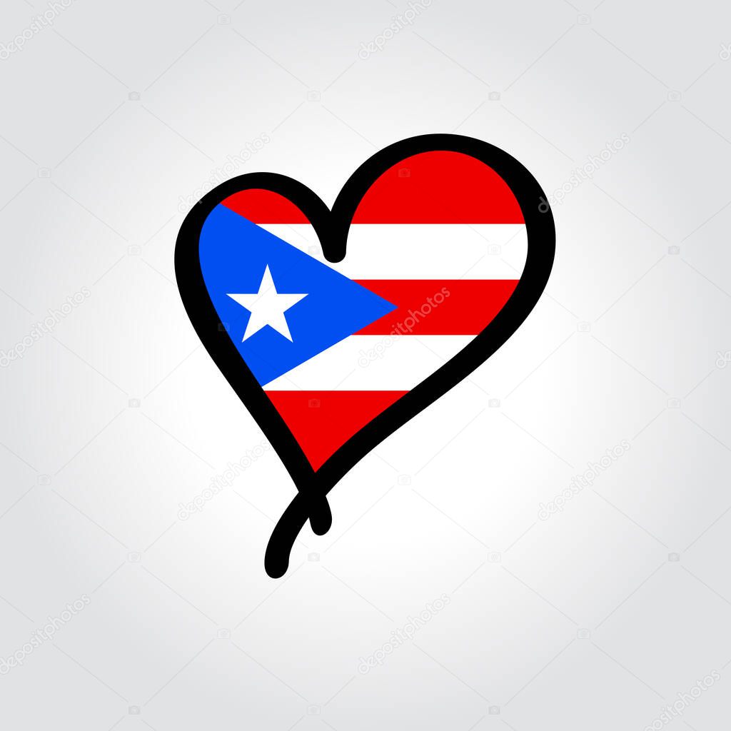 Puerto Rican flag heart-shaped hand drawn logo template. Vector illustration.