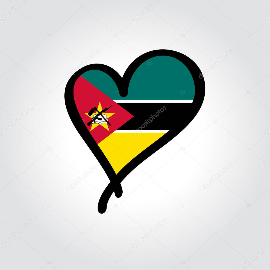 Mozambique flag heart-shaped hand drawn logo. Vector illustration.