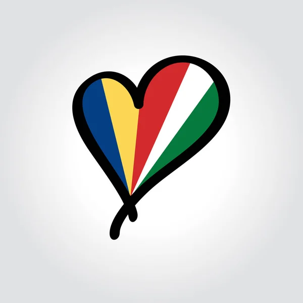 Drapeau des Seychelles logo dessiné à la main en forme de coeur. Illustration vectorielle. — Image vectorielle