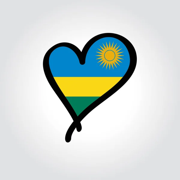 Logo disegnato a mano con bandiera ruandese a forma di cuore. Illustrazione vettoriale. — Vettoriale Stock