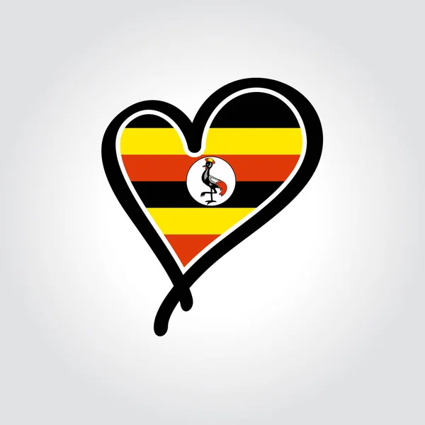 Logo disegnato a mano con bandiera ugandese a forma di cuore. Illustrazione vettoriale. — Vettoriale Stock