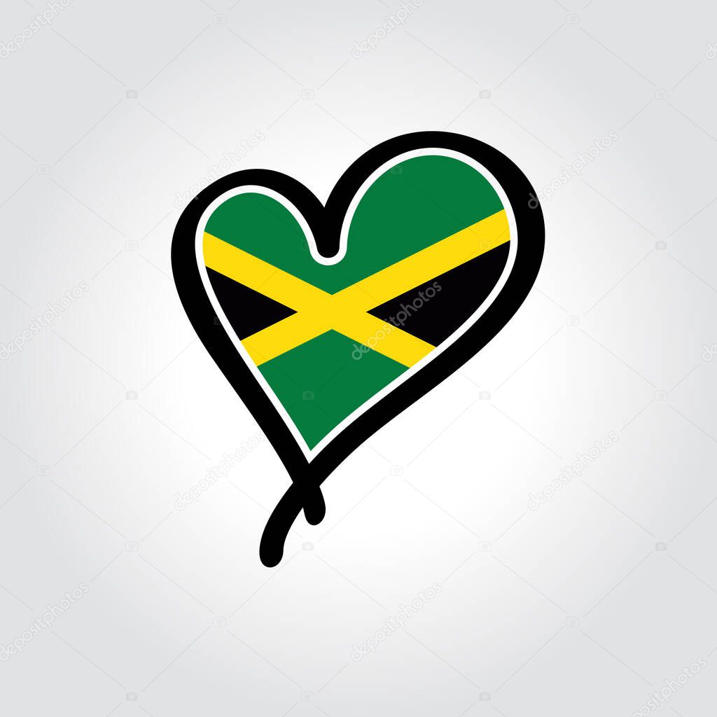Jamaican flag heart-shaped hand drawn logo template. Vector illustration.