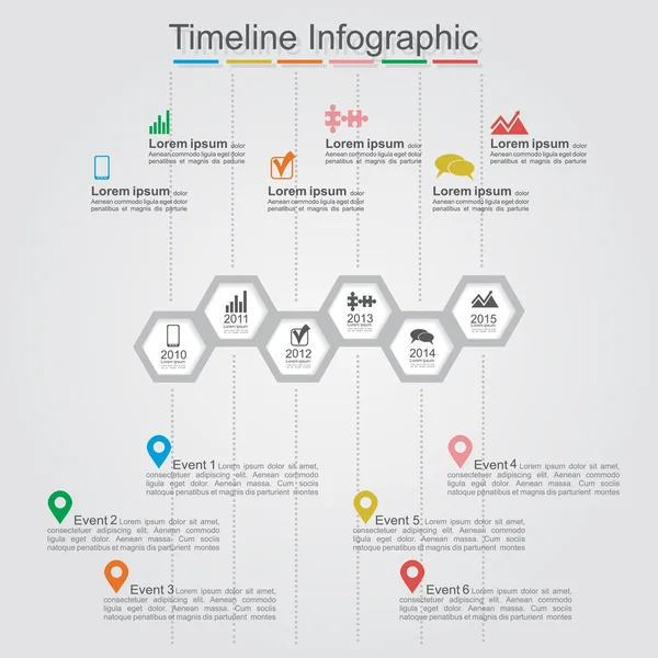 Infografías de línea de tiempo con celda, elementos, iconos — Vector de stock