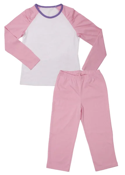 Pembe çocuk kızlar pijama set üzerinde beyaz izole — Stok fotoğraf