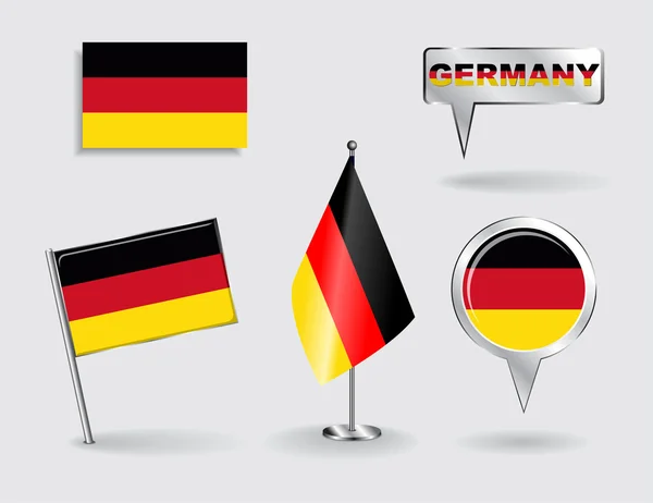 Conjunto de pino alemão, ícone e bandeiras de ponteiro de mapa. Vetor — Vetor de Stock