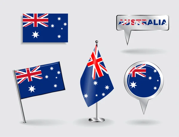 Conjunto de pino australiano, ícone e bandeiras de ponteiro de mapa. Vetor — Vetor de Stock