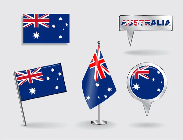 Set Australische pin, pictogram en kaart aanwijzer vlaggen. Vector — Stockvector