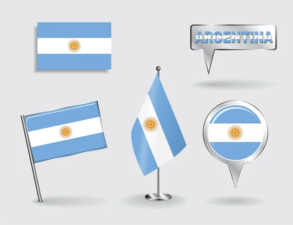 Set de banderas de puntero, icono y mapa argentino. Vector — Archivo Imágenes Vectoriales