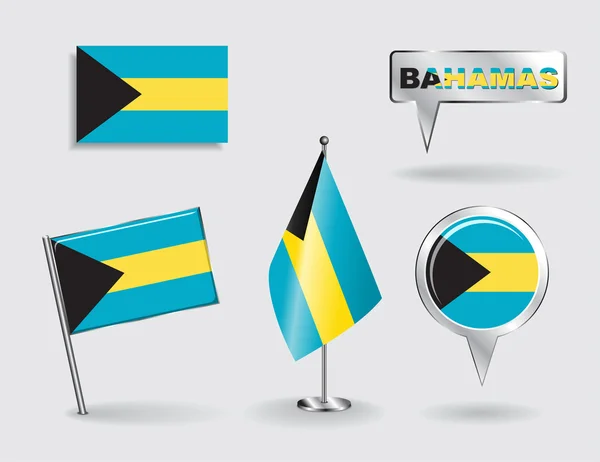 Set di pin Bahamas, icona e bandiere puntatore mappa. Vettore — Vettoriale Stock