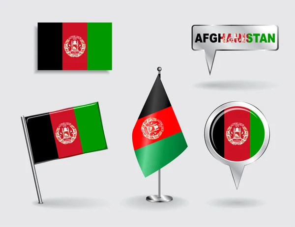 Conjunto de pines, iconos y banderas de puntero de mapa de Afganistán. Vector — Vector de stock