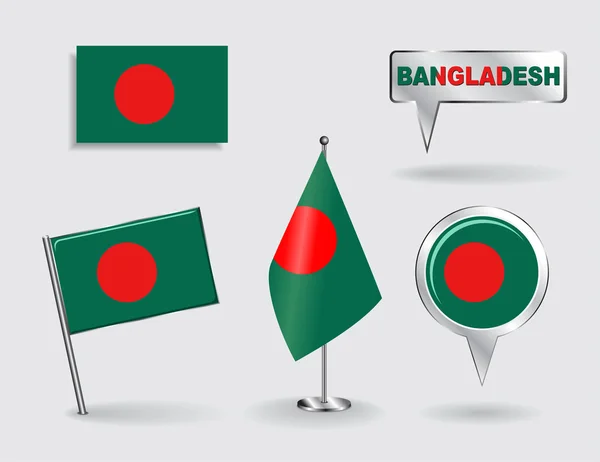 Satz von Bangladeshi-Pins, Symbolen und Flaggen für den Kartenzeiger. Vektor — Stockvektor