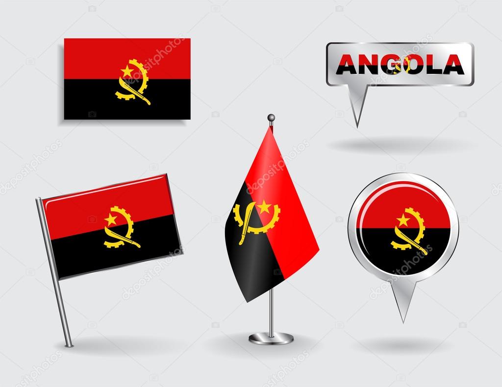 Set of Angolan pin, icon and map pointer flags. Vector