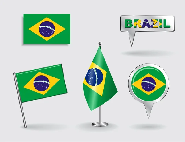 Conjunto de bandeiras brasileiras de pino, ícone e ponteiro de mapa. Vetor — Vetor de Stock